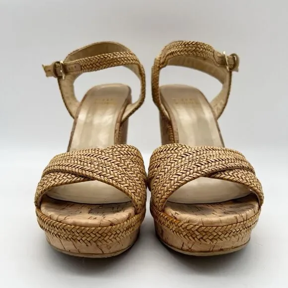 Stuart Weitzman Minx Tan Woven Leather Ankle Strap Cork Wedge Sandals Women’s 7 - Picture 6 of 16